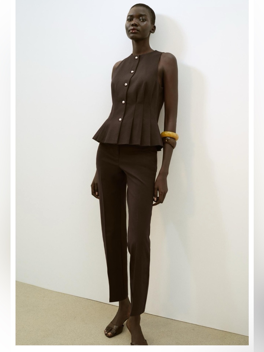 Zara set of  Brown Sleeveless Pleated Top & Slim Trousers Set